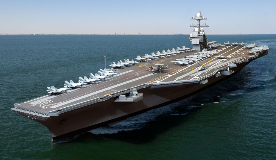 The aircraft carrier USS Gerald R. Ford CVN 78, is represented here in a combination model and live shot digital photo illustration. The ship is the first in a new class of nuclear-powered aircraft carriers, for the US Navy under construction at Newport News Shipbuilding.