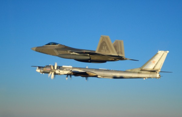 Two F-22 Raptors from 11th Air Force, 3rd Wing, based at Elmendorf Air Force Base, Alaska intercepted a pair of Russian Tu-95MS strategic bombers on November 22, 2007. Both "Bears" belong to the 326th Heavy Bomber Air Division and are operated from Ukrainka air base. The intercept was a first for the Raptor. (US Air Force photo)