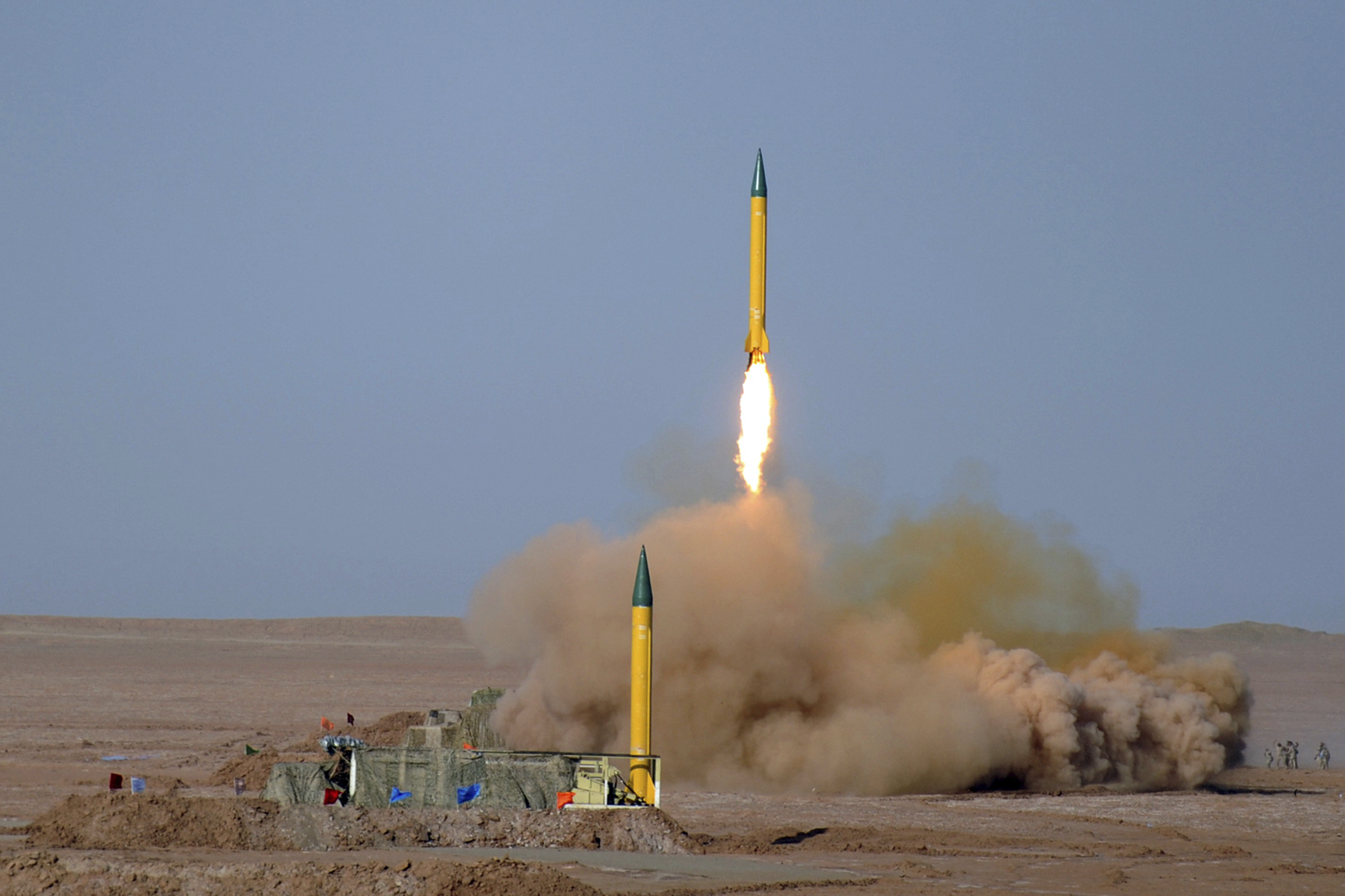 epa03293474 The upgrade version of medium range missile Shahab-1, is launched during the second day of military exercises, codenamed Great Prophet, by Iran's elite Revolutionary Guards at the Lut desert in southeastern Iran, 03 July 2012. Report said that on the second day of a military manoeuvre in the Lut desert in southeastern Iran, several missiles were successfully tested, without giving further details. The IRGC plans to test all of its short-, medium- and long-range missiles in the ongoing manoeuvre which took place one day after the European Union's latest oil sanctions against Tehran went into effect. EPA/Mojtaba Heydari